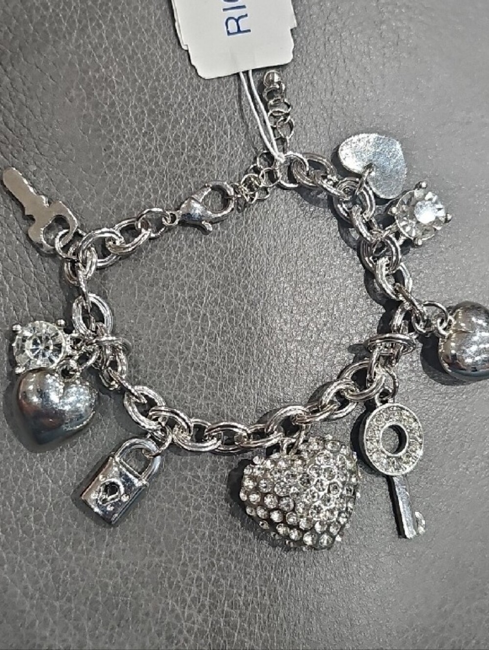 Silver Crystal Charm Bracelet with Heart and Key Charms